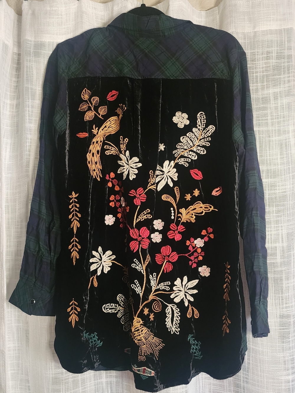 Johnny Was Black Velvet Embroidered Button-Down with Green Plaid Sleeves